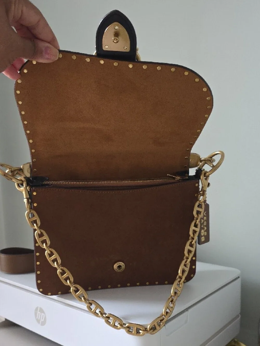 Coach Two-Tone Cream and Brown Leather Bag with Branded Gold Chain Accent